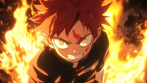 Fiery anime protagonist advances through engulfing flames