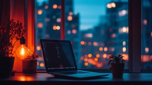 Midnight code glows quietly against a neon city blur