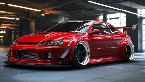 Stanced red widebody tuner coupe in industrial parking garage