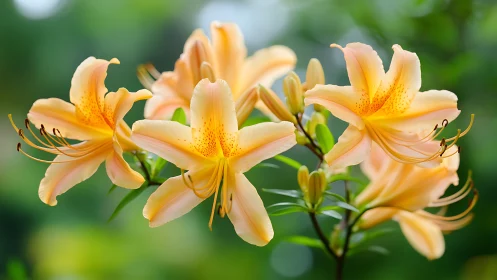 Yellow orange lily flowers blooming with prominent stamens and petals