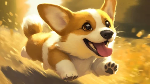 Digital painting of joyful corgi in motion blur lighting.
