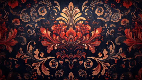 Ornate red baroque floral damask on deep navy ground.