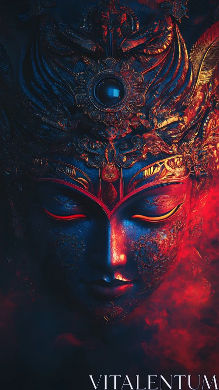 Ornate blue deity mask glows in red mystical smoke