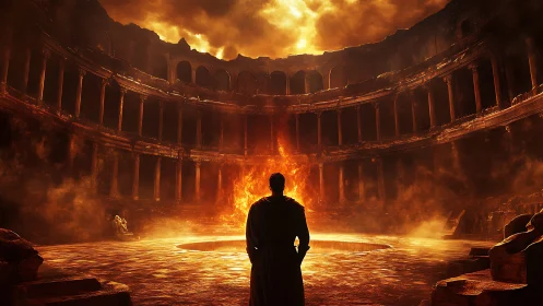 Lone figure in burning ruined coliseum under fiery sky.