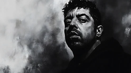 High-contrast monochrome male portrait with textured clouds