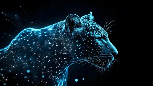 Futuristic digital panther illustration with glowing blue network lines.