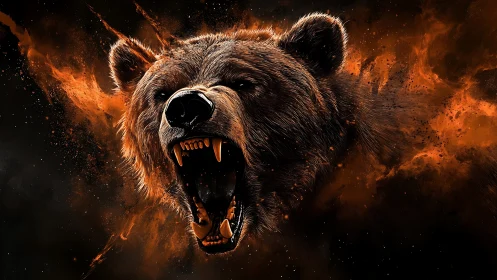 Roaring bear head erupts through fiery cosmic darkness