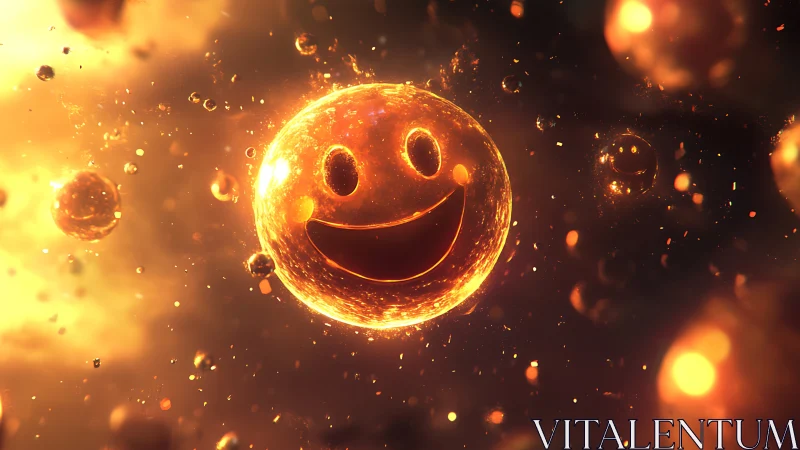 Smiling golden energy orb drifts through glowing cosmic field.