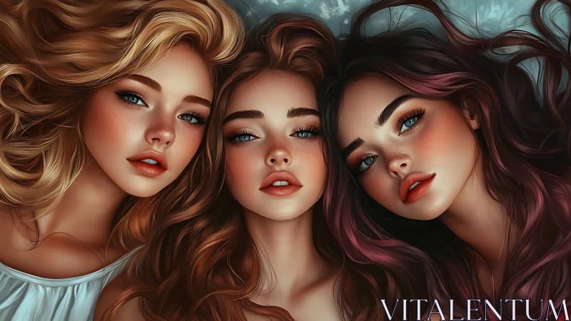 Triadic close-up portrait unifying stylized skin shading and hair flow