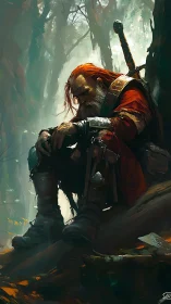 Battle-worn warrior rests in misty forest under diffused light