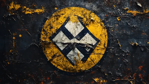Weathered geometric emblem on rusted industrial wall.