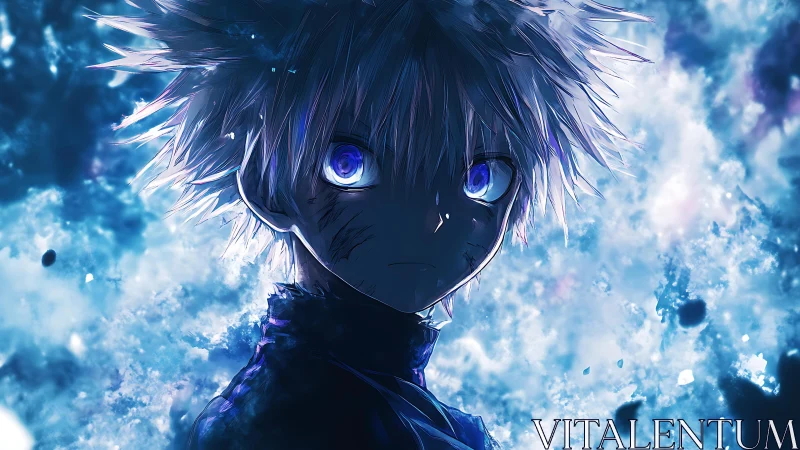 Backlit anime boy with luminous blue eyes and nebula-like bokeh field