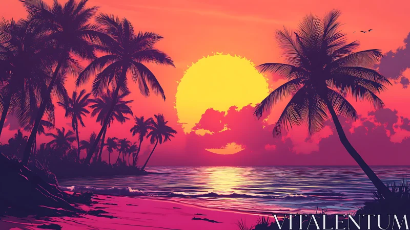 Vibrant tropical sunset with silhouetted palm coastline glow.