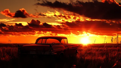 Classic sedan silhouetted against hyper-saturated prairie sunset