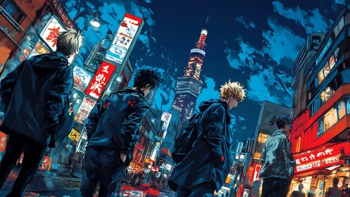 Four friends stand beneath neon towers in a moody city night