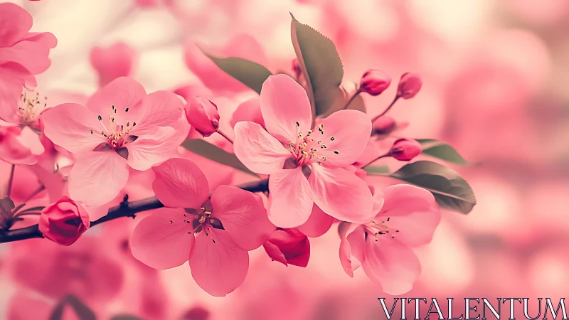 Pink flowering tree blossoms branch botanical study.