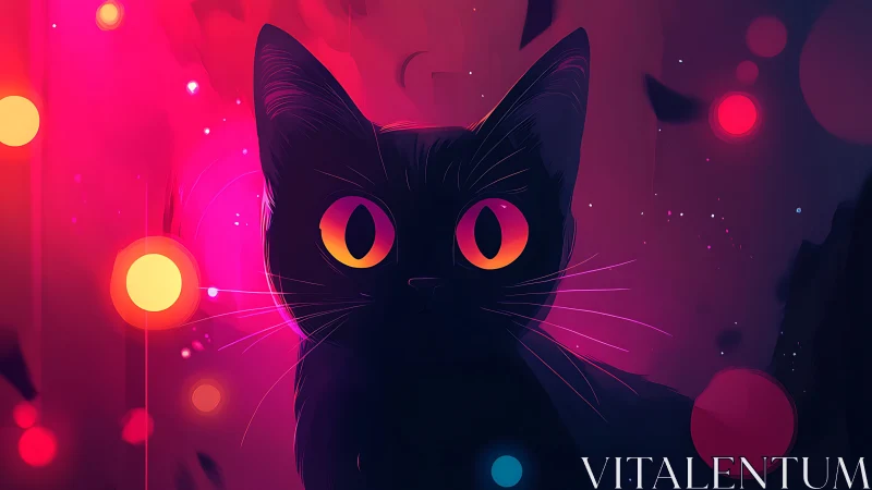 Neon Cat with Glowing Eyes in Cyberpunk Environment.