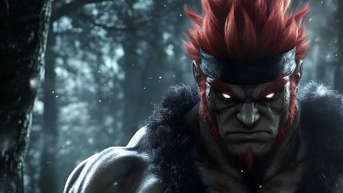 Feral warrior with burning eyes in frostbitten forest glare.