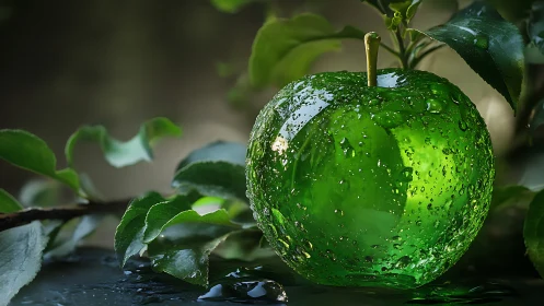 Luminous green glass apple glistens among fresh leaves