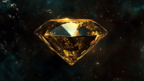 Cosmic golden diamond suspended in luminous deep space.