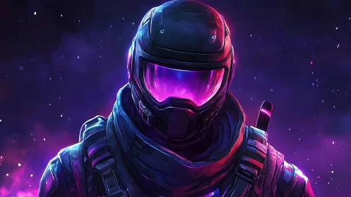 Futuristic armored figure with glowing visor in neon haze.