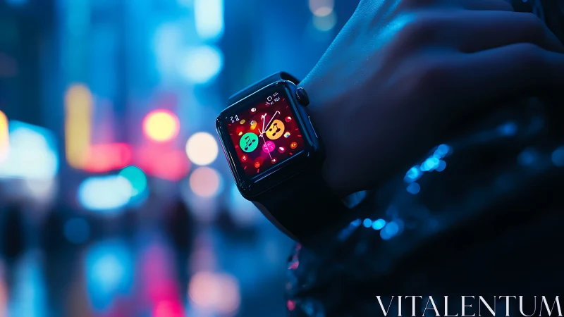 Neon night wrist orbit where emojis glow like tiny planets.