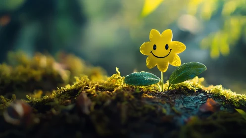 Smiling Flower Friend in Mossy Garden Glow.