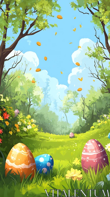Sunlit forest meadow cradling oversized painted Easter eggs.