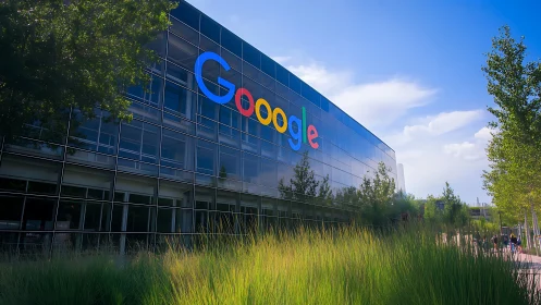 Corporate glass facade reflects landscaped tech campus environment