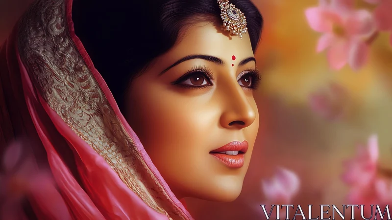 Graceful woman in pink sari bathed in soft golden light.