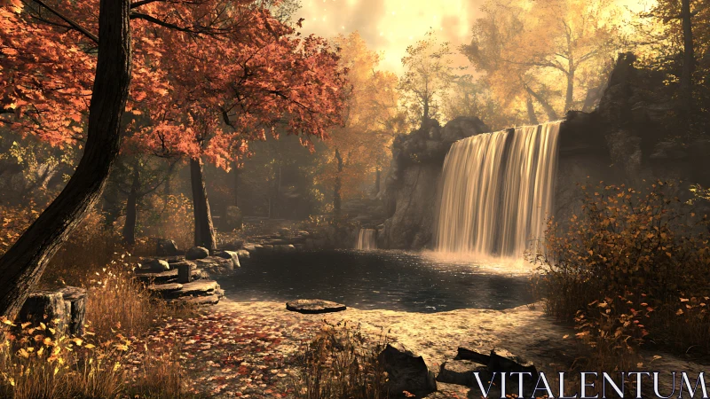 Autumnal forest waterfall renders luminous atmospheric depth