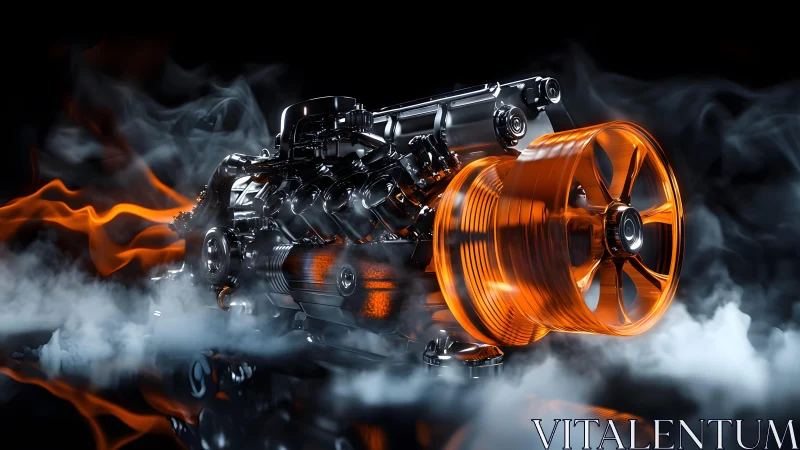 Futuristic Car Engine with Glowing Parts in Dramatic Smoke Effect.