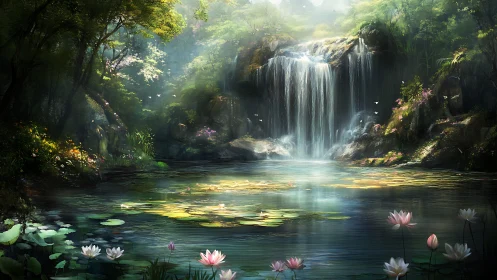 Enchanted forest waterfall cascades into a tranquil lily pond.