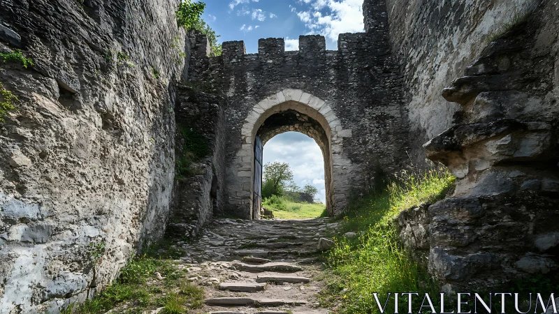 Stone fortress gate with weathered arch and rocky path.