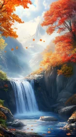Vibrant autumn waterfall in a bright mountain valley.