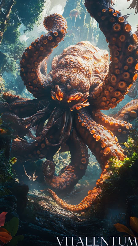 Giant orange octopus monster dominates lush jungle ravine.
