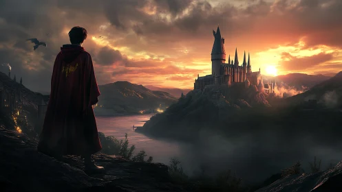Cloaked apprentice greets sunset over mist-veiled magic citadel.