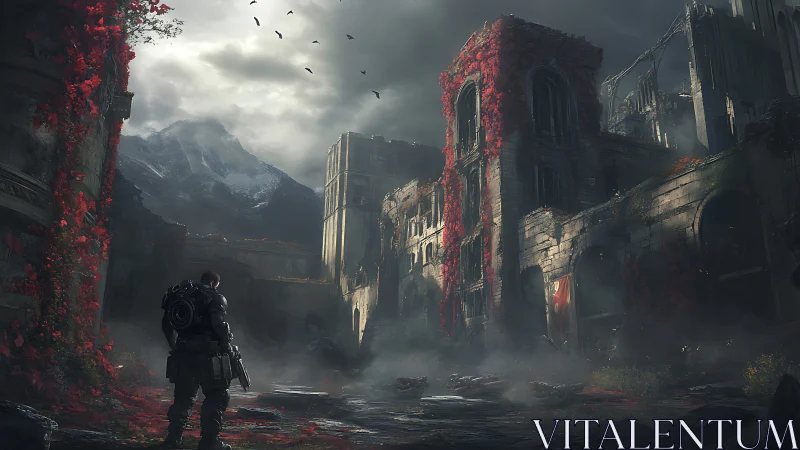 Armored lone soldier in ruined red‑clad fortress courtyard.