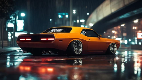 Modified orange muscle car on wet urban street at night.