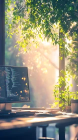 Sunlit programmer desk merges code workspace with greenery