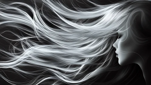 Monochrome side profile with vectorial flowing silver hair.