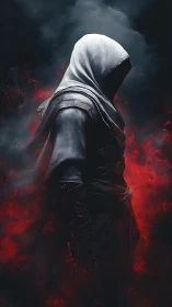 Hooded assassin figure standing in red smoke and shadow.