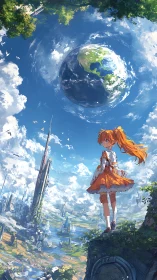 Orbital Earth vista with orange-clad girl over neo-futurist skyline