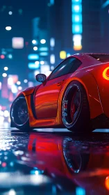 Red sports coupe in wet neon-lit urban street at night.