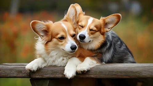 Two relaxed corgis share a tender cuddle in autumn light