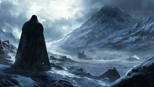 Lone cloaked figure surveying vast frozen mountain valley.
