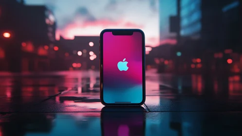 iPhone with Cyan Apple Logo Against Neon Cityscape.