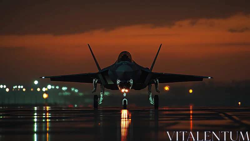 Stealth fighter jet aligned on wet runway under dusk sky