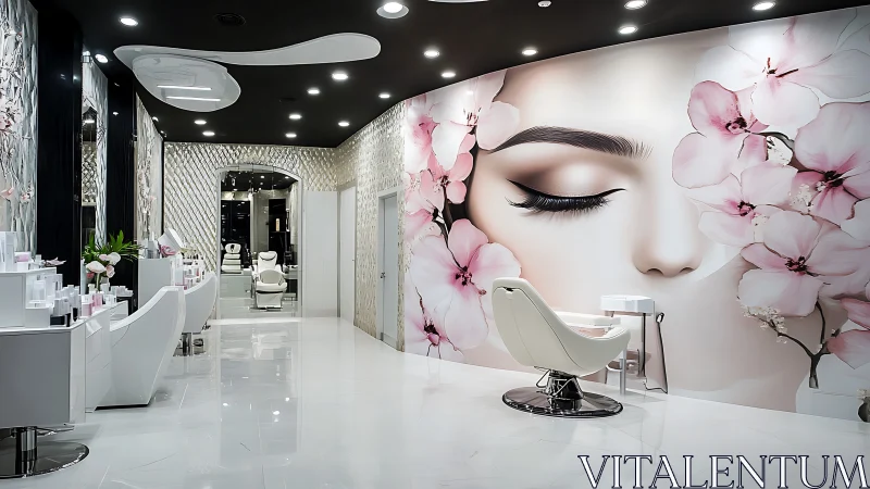 Luxury salon interior with floral beauty mural and white gloss.