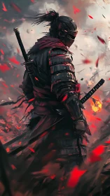 Ember-scarred samurai stalks through a storm of burning petals.